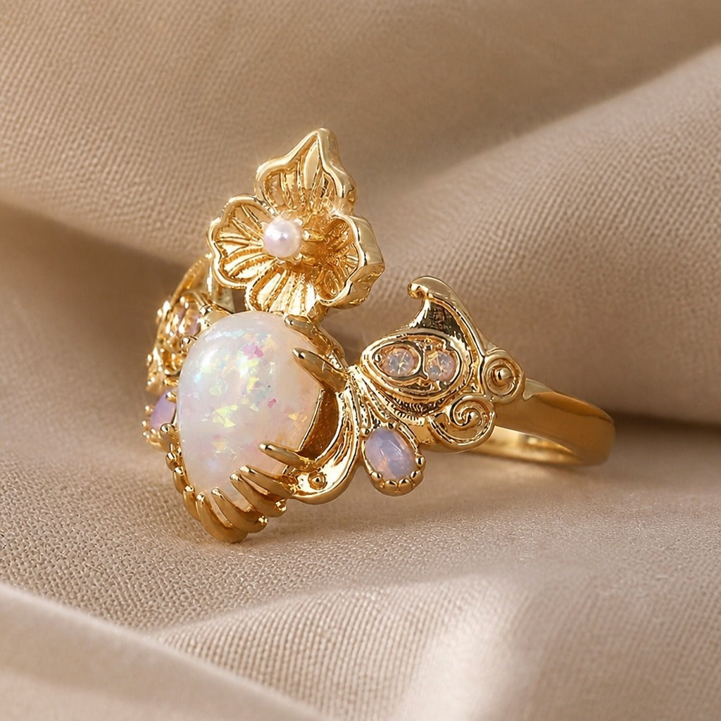 Carved Flower Opal Ring with Lavender Accent Stones, Gold-Tone Vintage-Style Band — main image