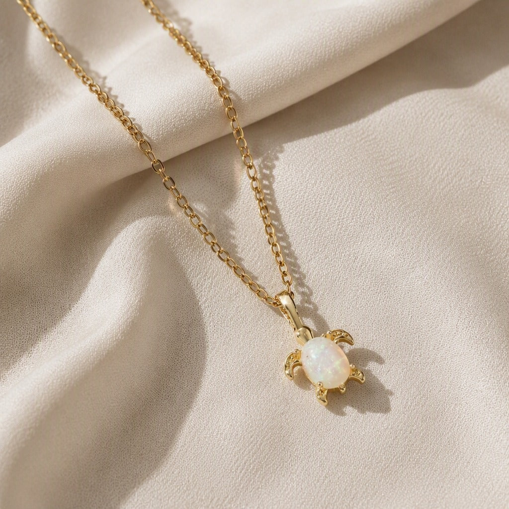 Turtle-Shaped Opal Pendant Necklace with Gold-Tone Frame — view 2