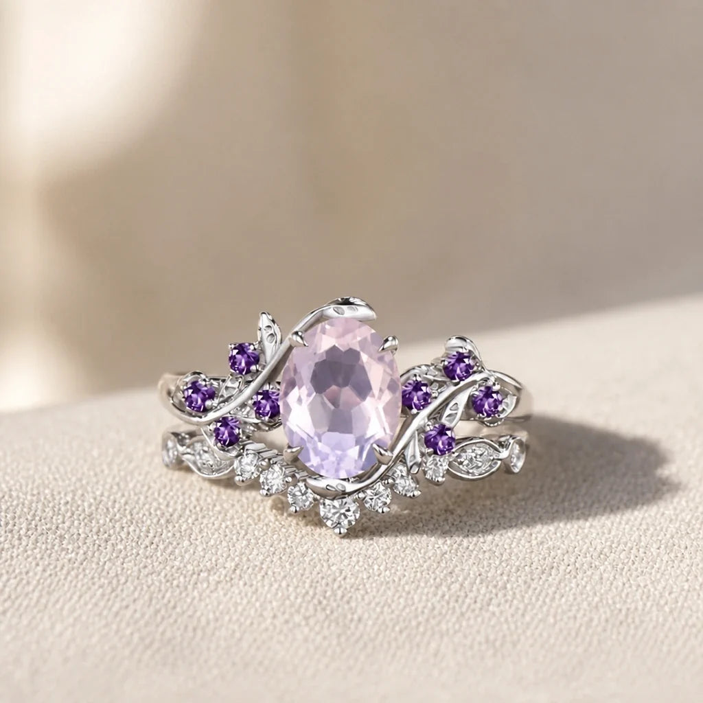 Oval Amethyst Cocktail Ring with Scrolling Silver-Tone Halo Setting