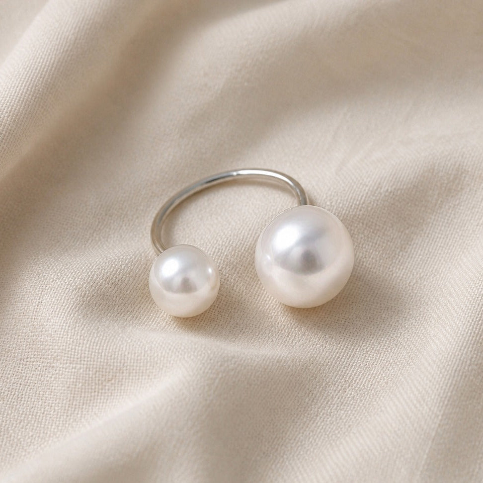 Two-Pearl Asymmetrical Open Ring, Adjustable Silver-Tone Band — view 2
