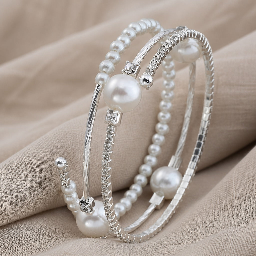 Pearl Bangle Bracelet Set, 3-Piece Stackable Design with Crystal Accents — main image