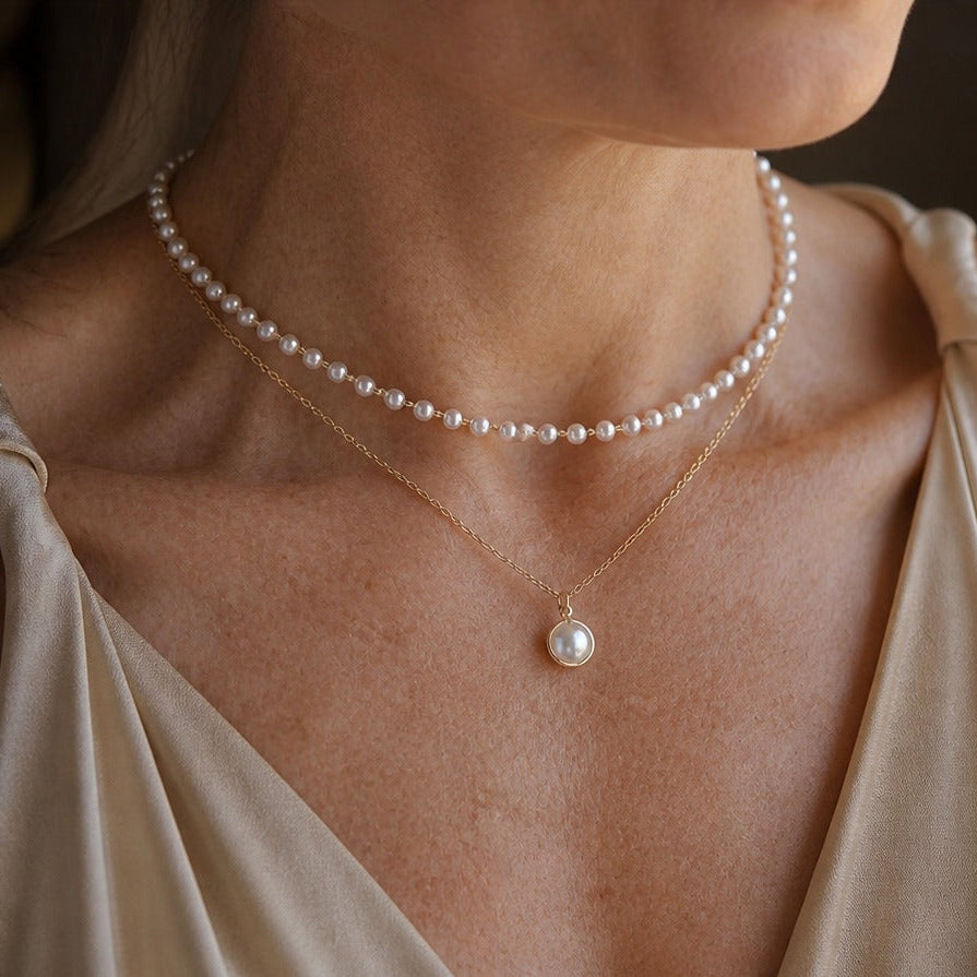 Multi-Strand Pearl Choker Necklace with Round Pendant — main image