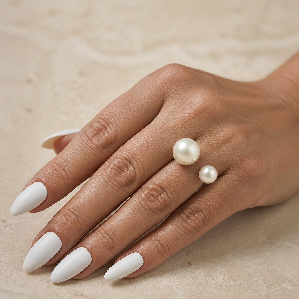 Two-Pearl Asymmetrical Open Ring, Adjustable Silver-Tone Band — main image