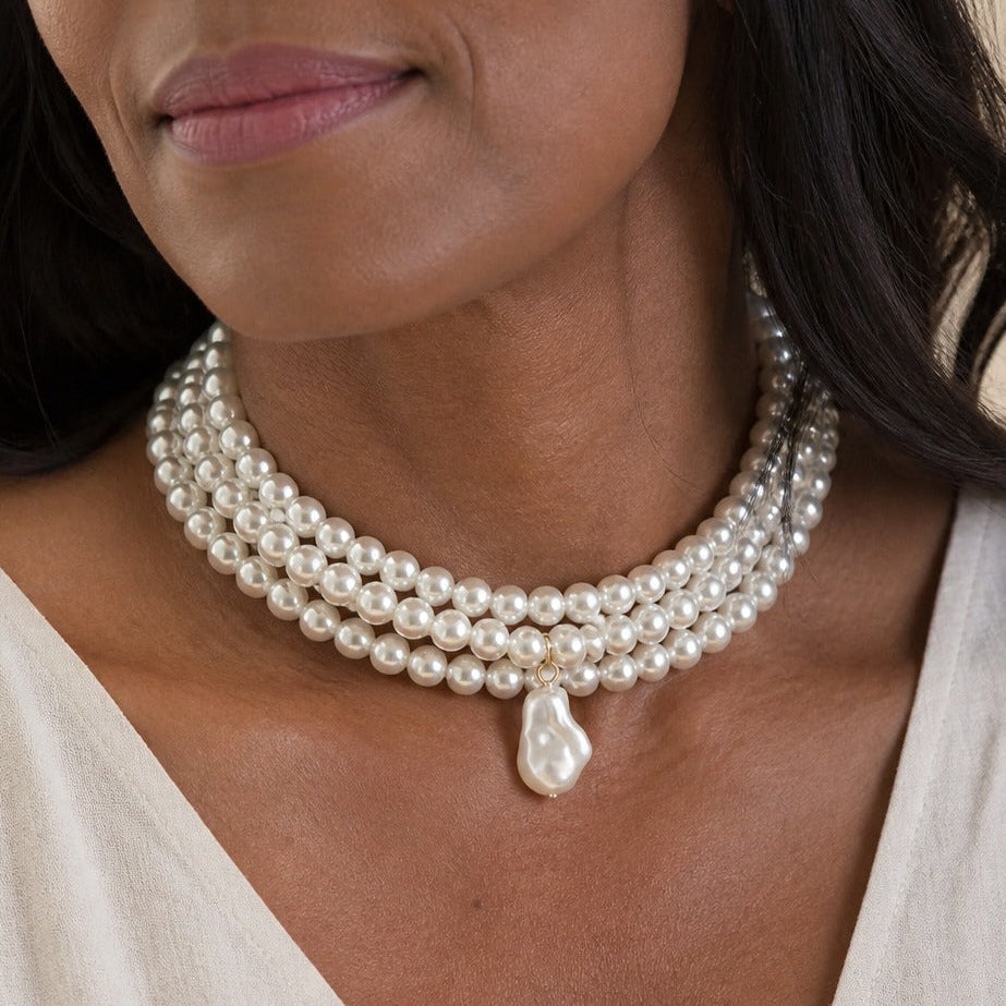 Baroque Pearl Layered Choker Necklace with Drop Pendant — main image