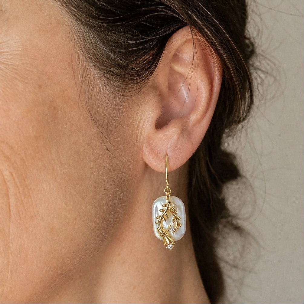 Baroque Pearl Drop Earrings with Gold-Tone Leaf and Bell Detail — main image