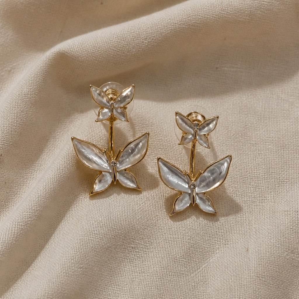 Tiered Butterfly Pearl Drop Earrings with Gold Tone — main image