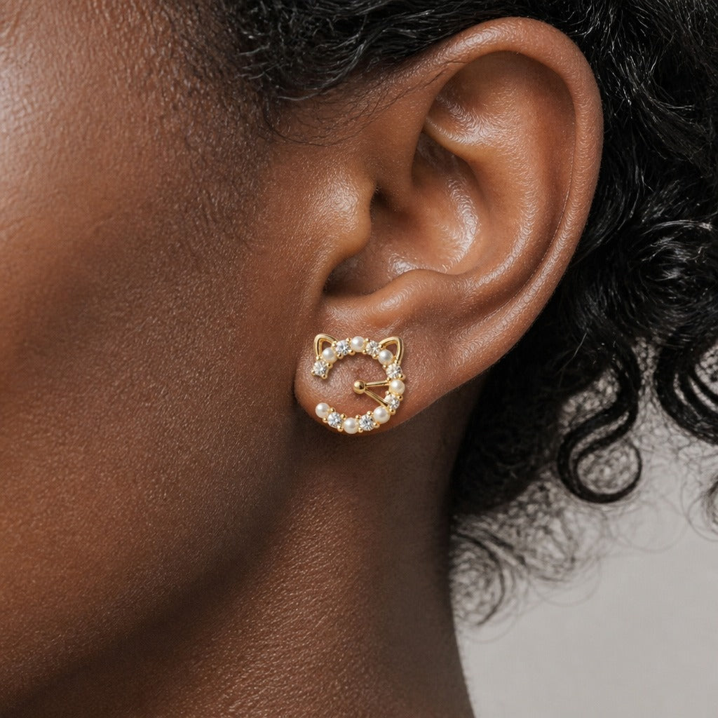 Cat Silhouette Pearl and Crystal Stud Earrings in Gold Tone — main image