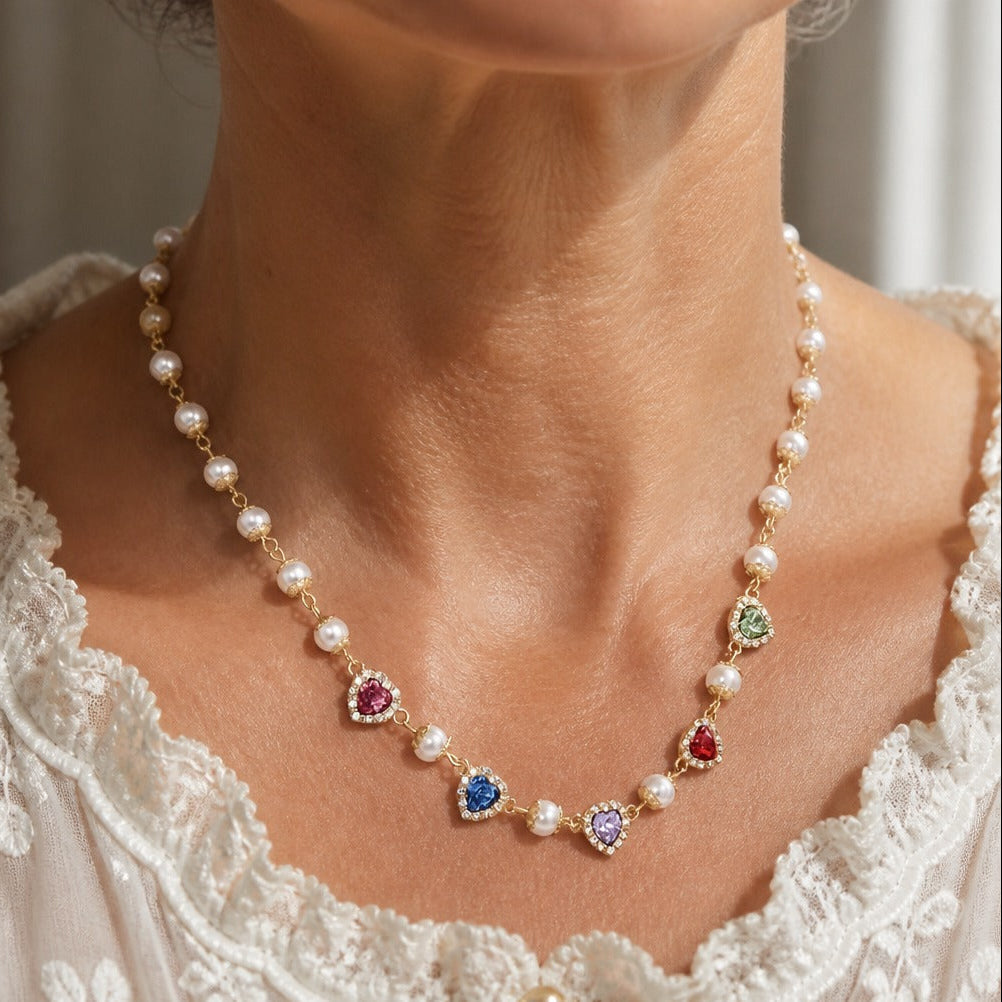 Heart-Shaped Multi-Color Gemstone Pearl Station Necklace with Halo Detail — main image