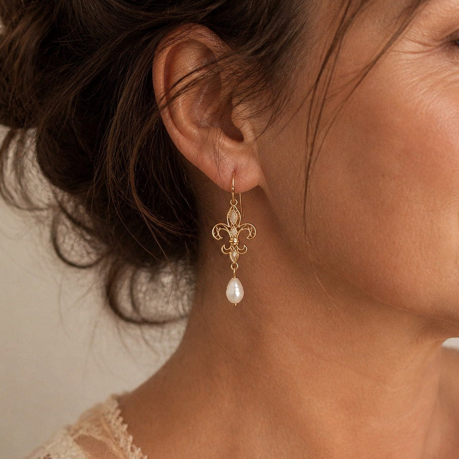 Fleur-de-Lis Pearl Drop Earrings with Crystal Accents — main image