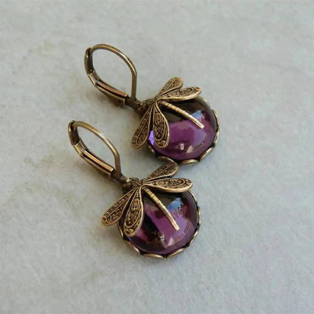Dragonfly Filigree Drop Earrings with Gemstone Cabochons in Antique Gold Tone