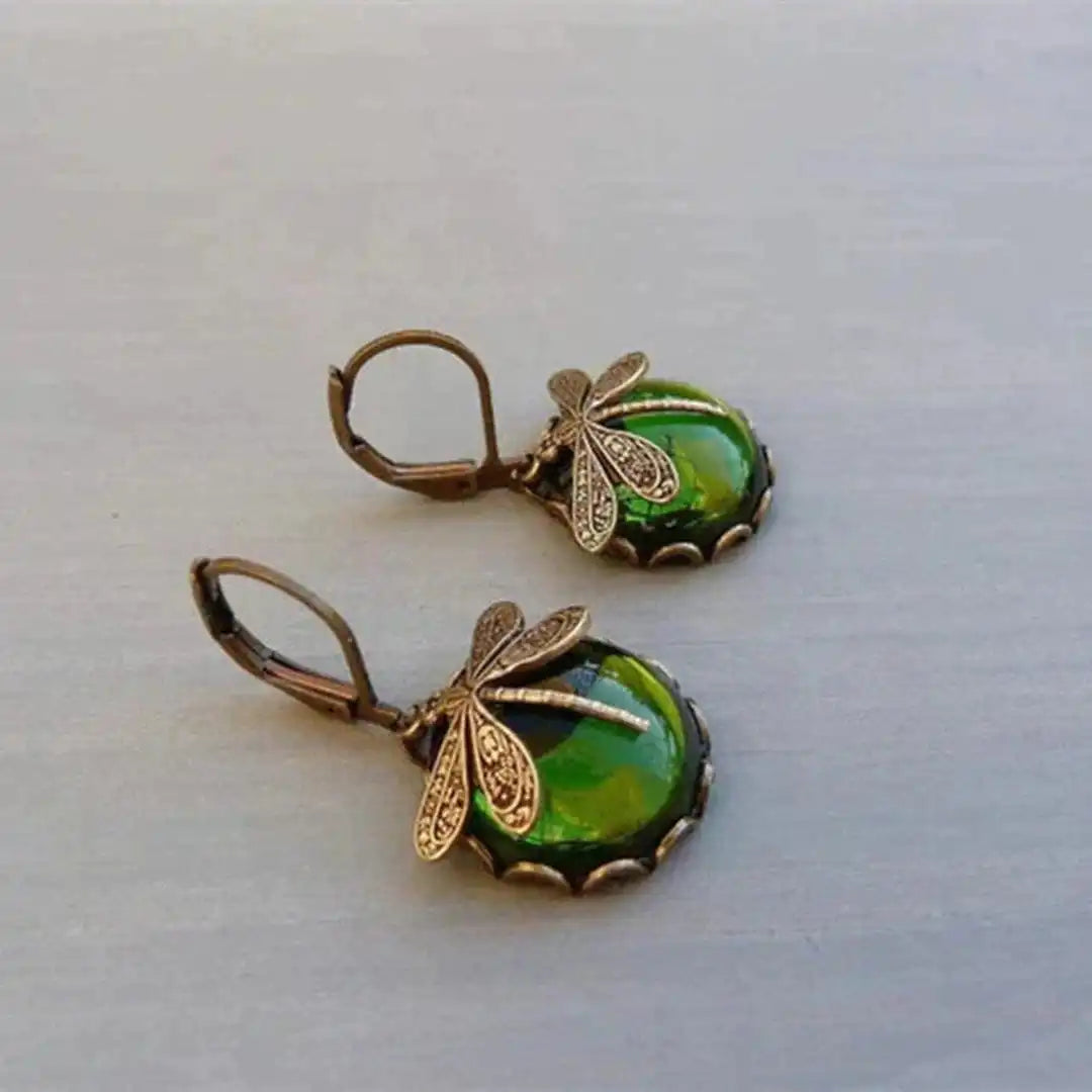 Dragonfly Filigree Drop Earrings with Gemstone Cabochons in Antique Gold Tone