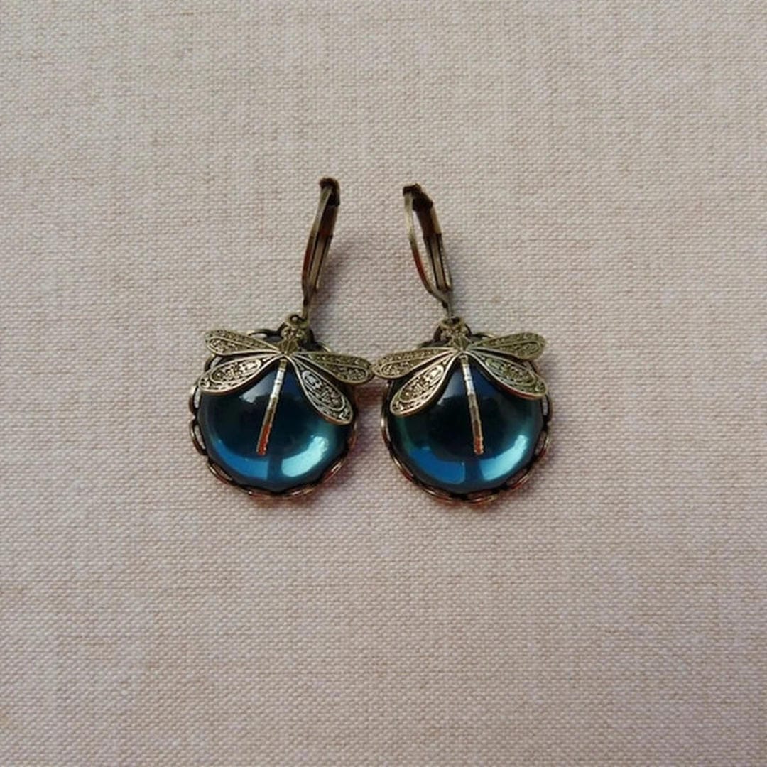Dragonfly Filigree Drop Earrings with Gemstone Cabochons in Antique Gold Tone
