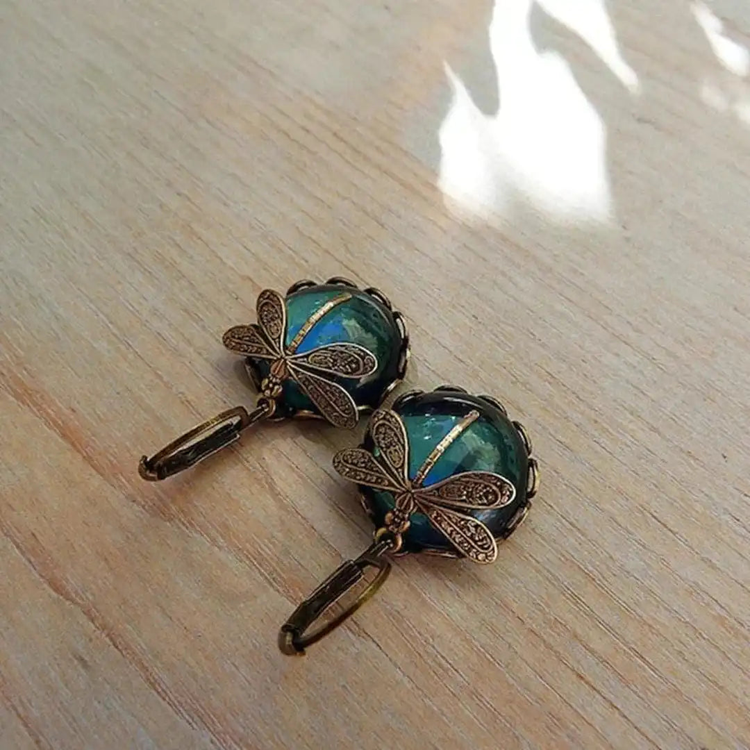 Dragonfly Filigree Drop Earrings with Gemstone Cabochons in Antique Gold Tone