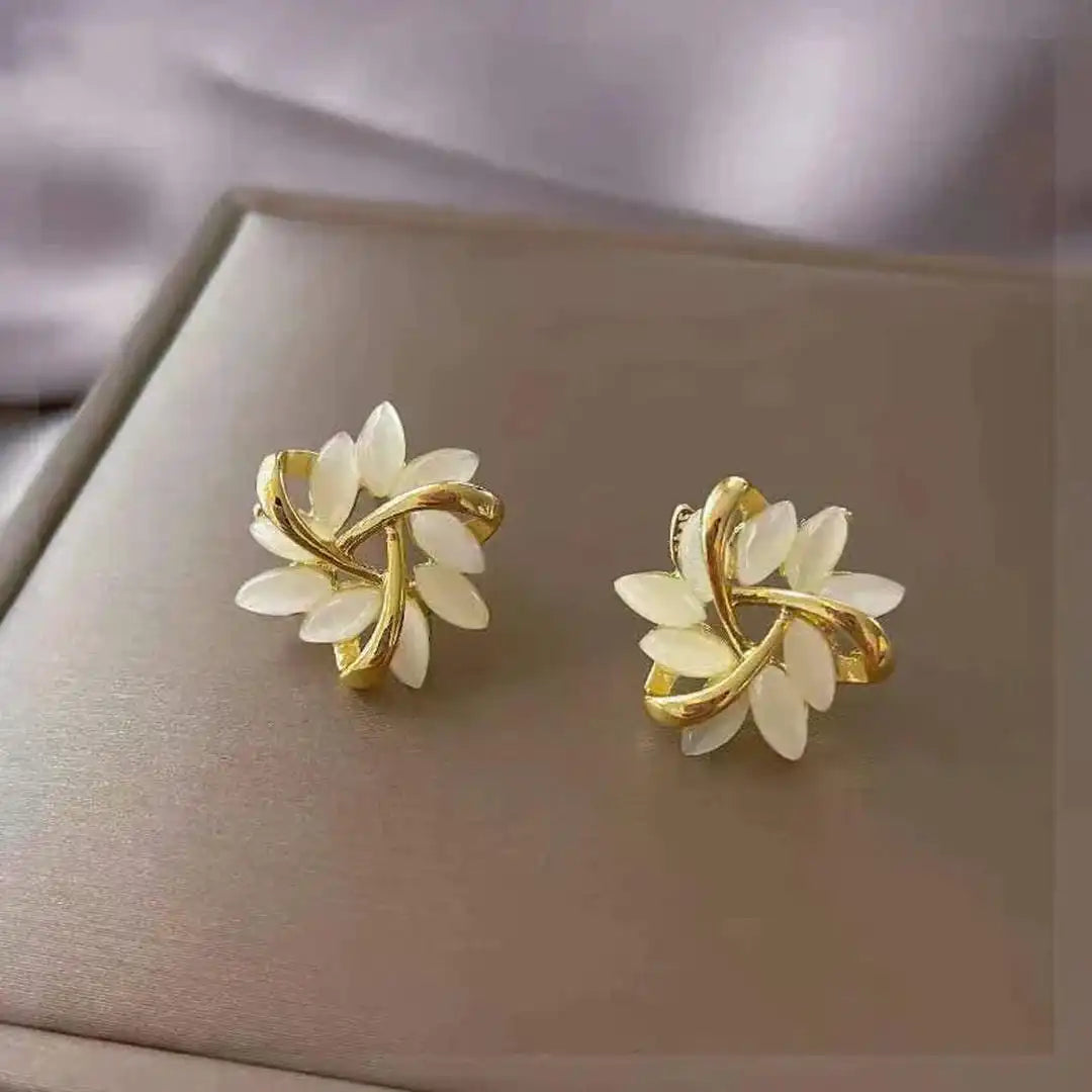 White Opal-Look Ring and Earrings Set - Gold Tone, Oval Stone Ring and Floral Studs - 2 Pieces