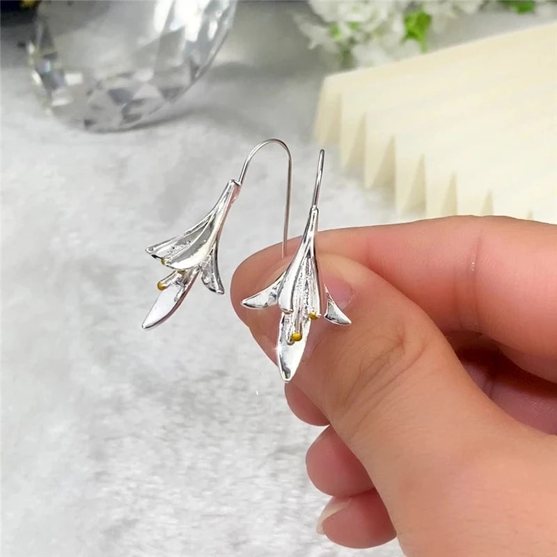 Bell Flower Drop Earrings with Silver and Gold-Tone Finish — view 2
