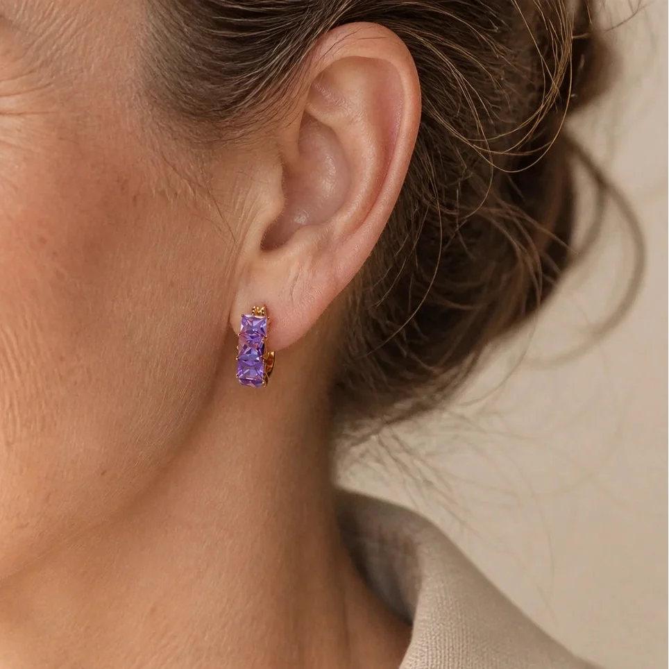 Princess-Cut Amethyst Hoop Earrings with Stacked Stone Design