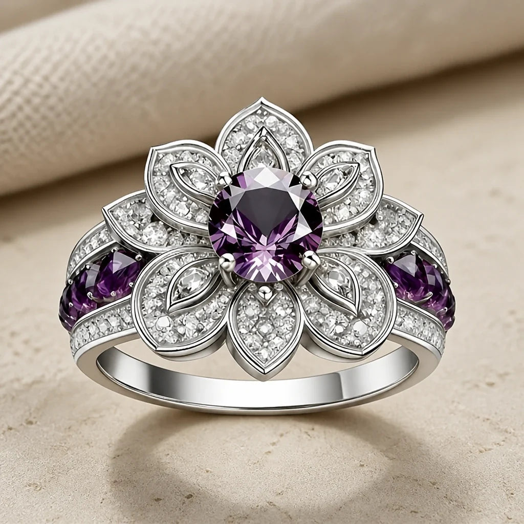 Purple Lotus Flower Amethyst Cocktail Ring in Silver Tone