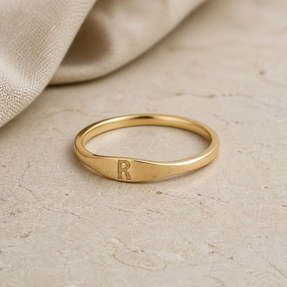 Personalized Initial Letter Signet Ring, Oval Band in Gold Tone — view 18