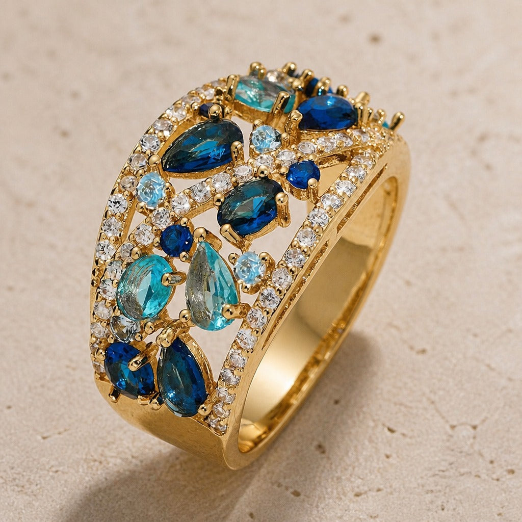 Retro Pavé Cluster Cocktail Ring with Faceted Stone Accents — view 3