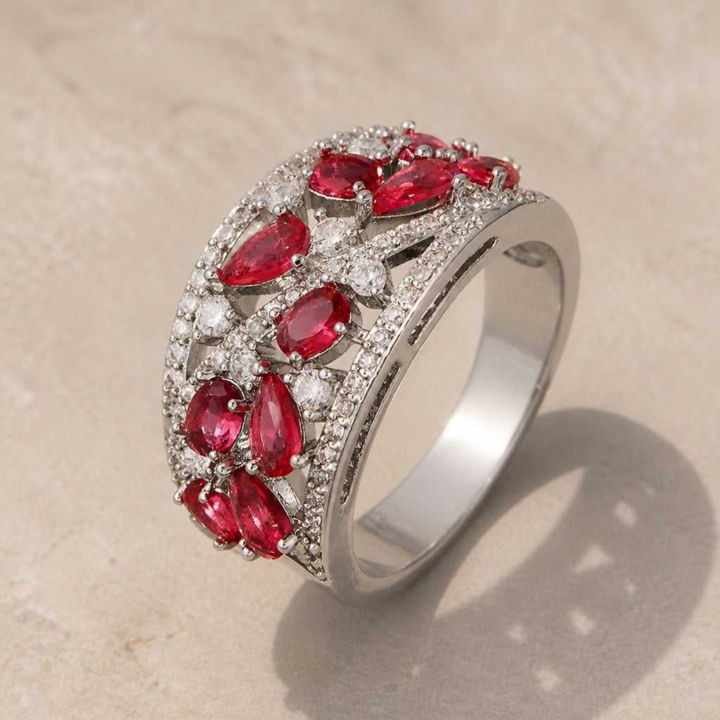 Retro Pavé Cluster Cocktail Ring with Faceted Stone Accents — main image