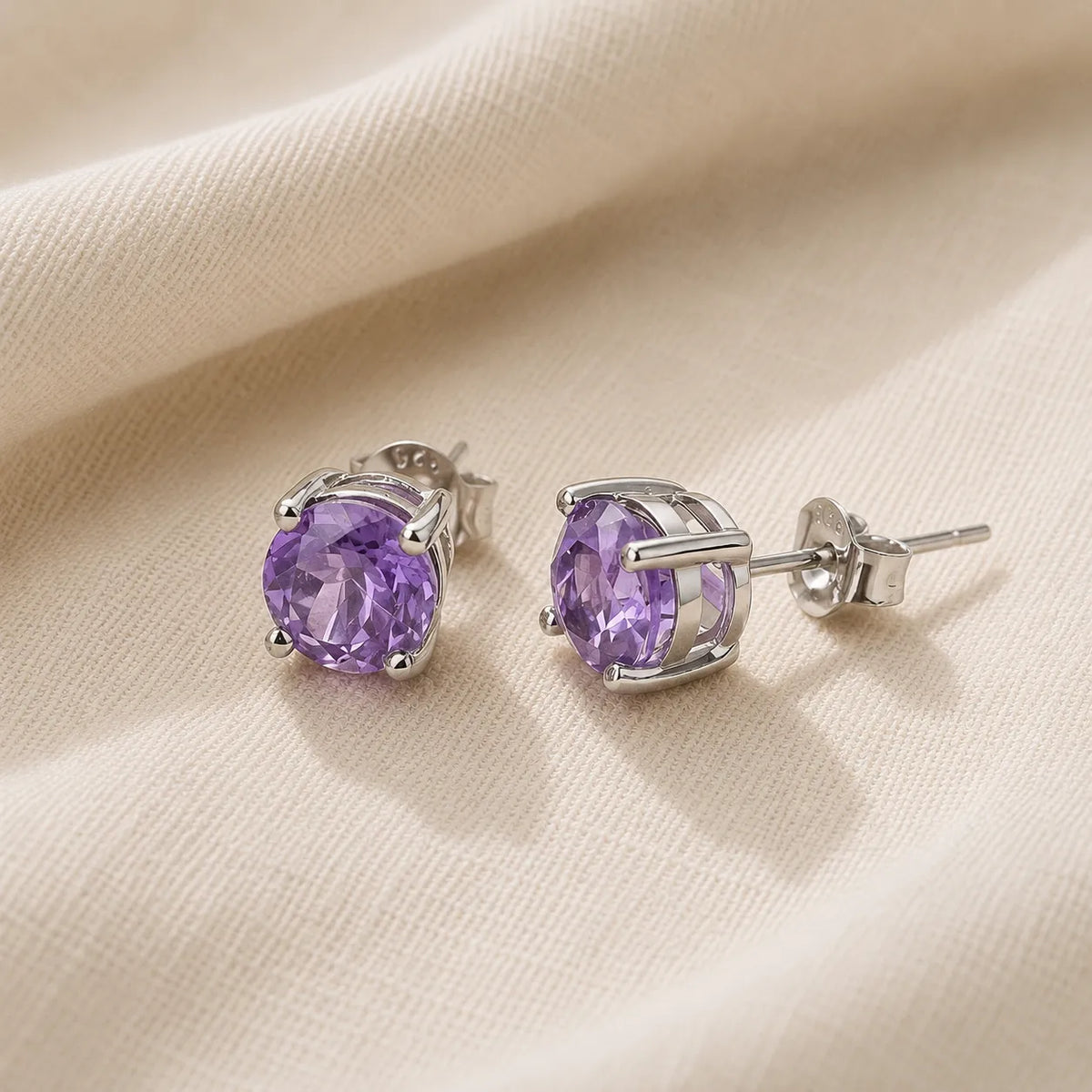 Round-Cut Amethyst Stud Earrings with Sterling Silver Setting