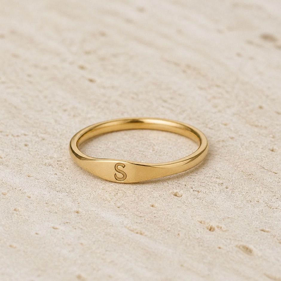 Personalized Initial Letter Signet Ring, Oval Band in Gold Tone — view 19