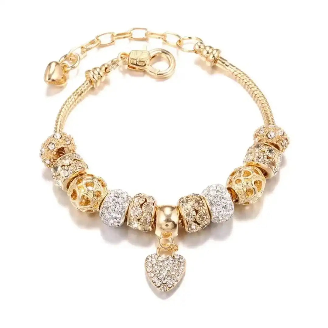 Heart Charm Bracelet with Rhinestone Beads and Filigree Detail, Gold-Tone — view 2