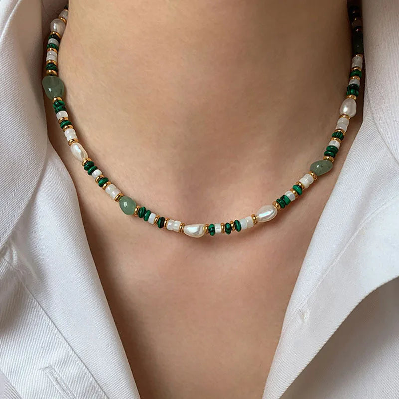 Jade and Pearl Beaded Necklace with Dark Green Stone Accents — view 2