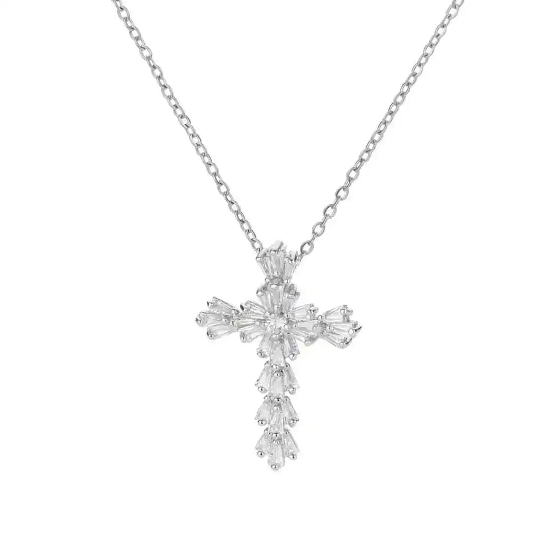 Cross Cubic Zirconia Pendant Necklace with Baguette Stones, Gold or Silver Tone