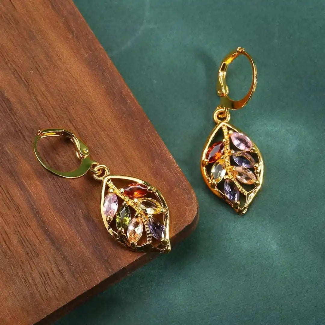 Leaf-Shaped Multi-Color Crystal Drop Earrings with Gold-Tone Lever-Back Closure — view 2