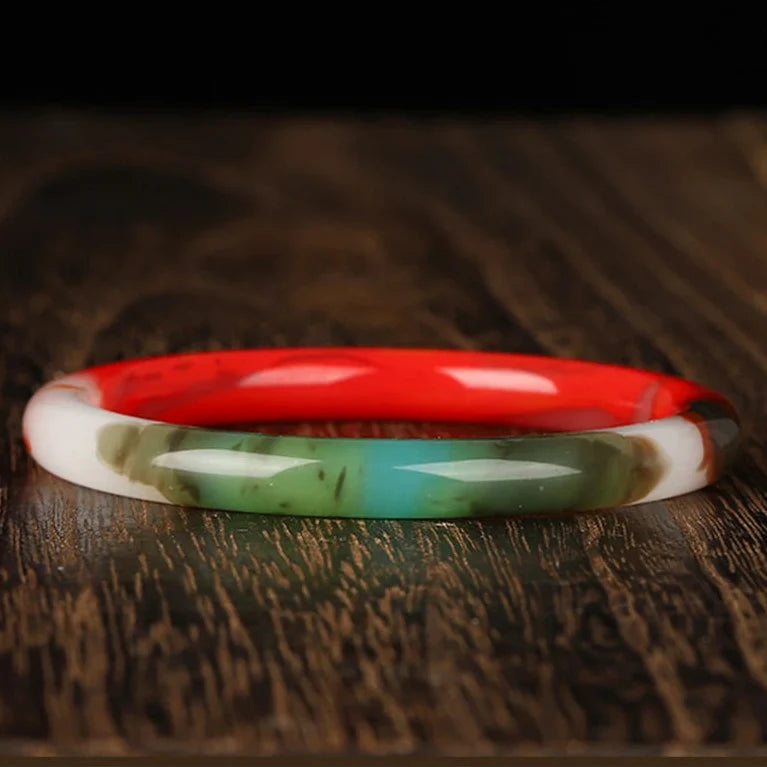 Multi-Color Jade Bangle Bracelet with Red, Green and Turquoise Segments — main image