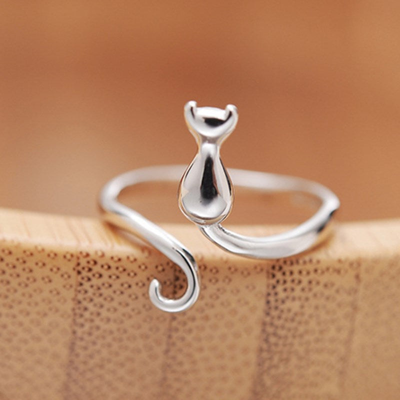 Cat Silhouette Ring in Silver Tone with Adjustable Open Band — main image