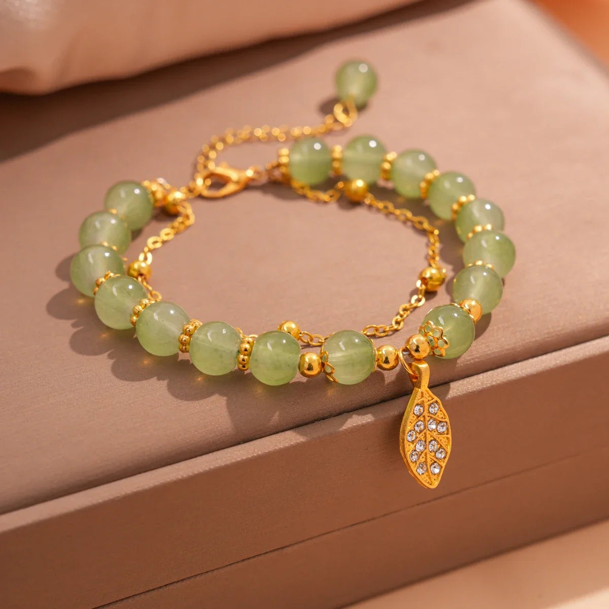 Leaf Charm Jade Beaded Bracelet with Rhinestone Accent — main image