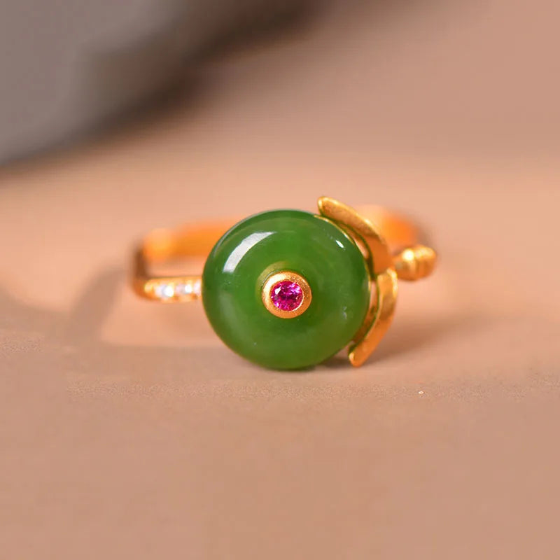 Domed Jade Cabochon Ring with Pink Accent Stone and Gold-Tone Band — view 2