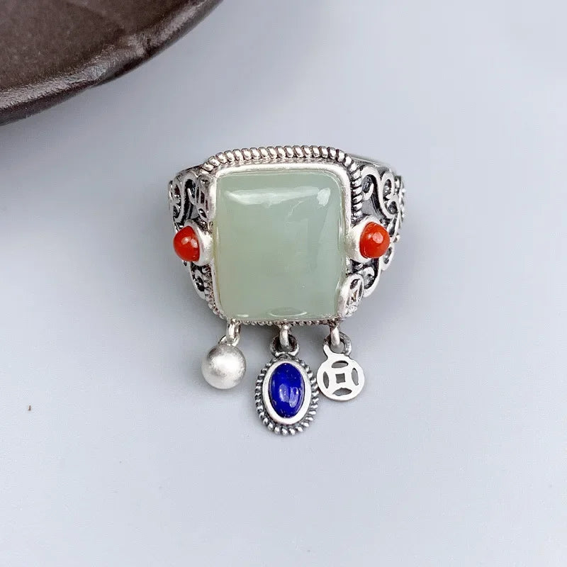 Square Jade Statement Ring with Charm Drops and Scrollwork — main image
