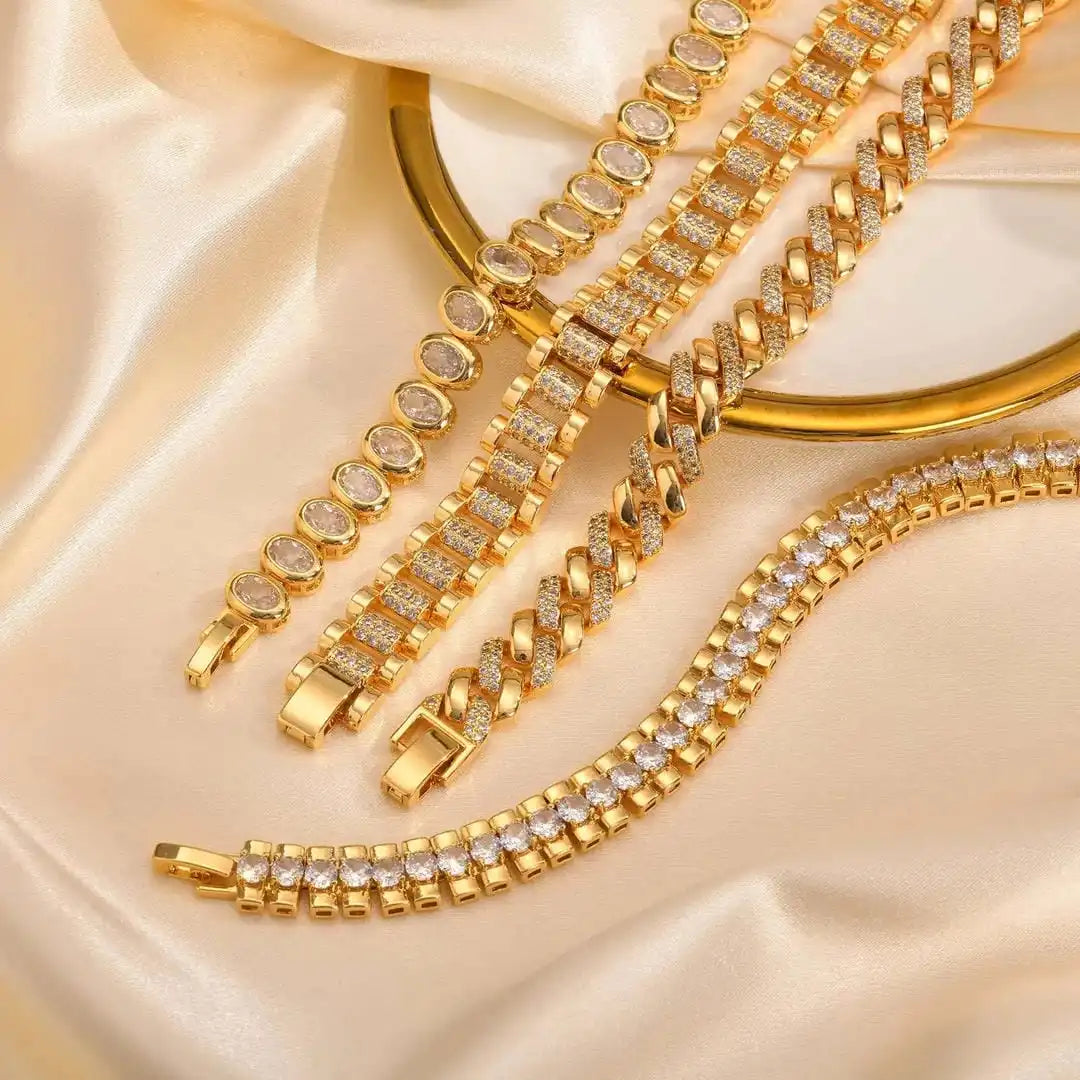 Cubic Zirconia Bracelet Set - 4 Adjustable Gold-Tone Bracelets with Box Clasp