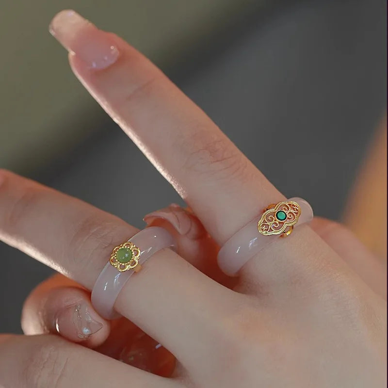 Round Jade Ring with Gold-Tone Filigree Flower Detail — view 3