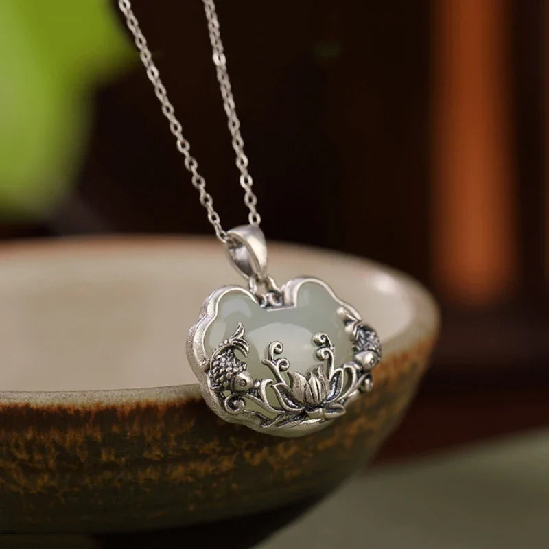 Cloud-Shaped Jade Pendant Necklace with Carved Silver Ram Motif and Lotus Detail, Box Chain — view 2