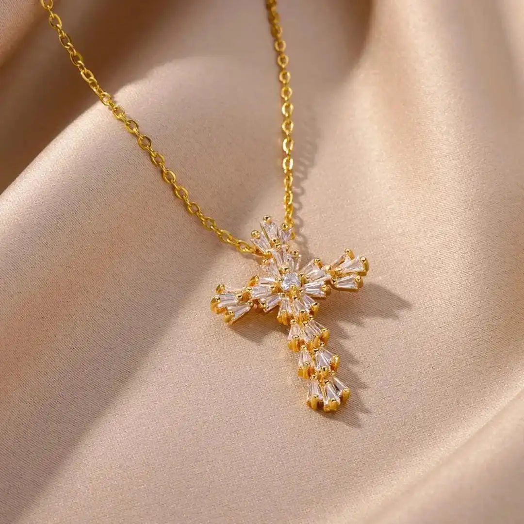 Cross Cubic Zirconia Pendant Necklace with Baguette Stones, Gold or Silver Tone