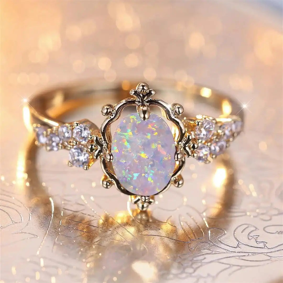 White Opal-Look Ring and Earrings Set - Gold Tone, Oval Stone Ring and Floral Studs - 2 Pieces