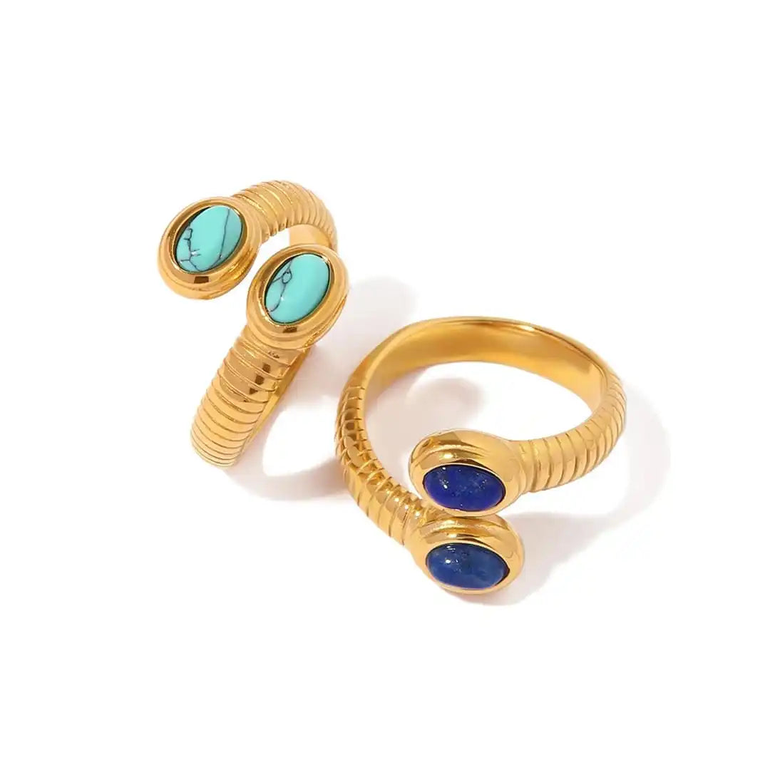 Lapis-Blue Ring and Earrings Set - Gold Tone, Adjustable Wrap Ring and Hammered Square Drops - 2 Pieces