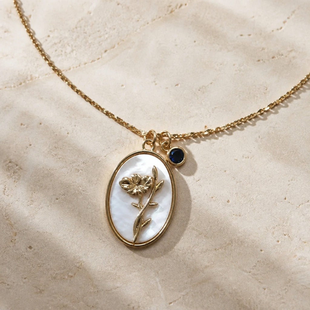 Oval Flower Pendant Necklace with Pearlescent Inlay and Birthstone Charm — view 10