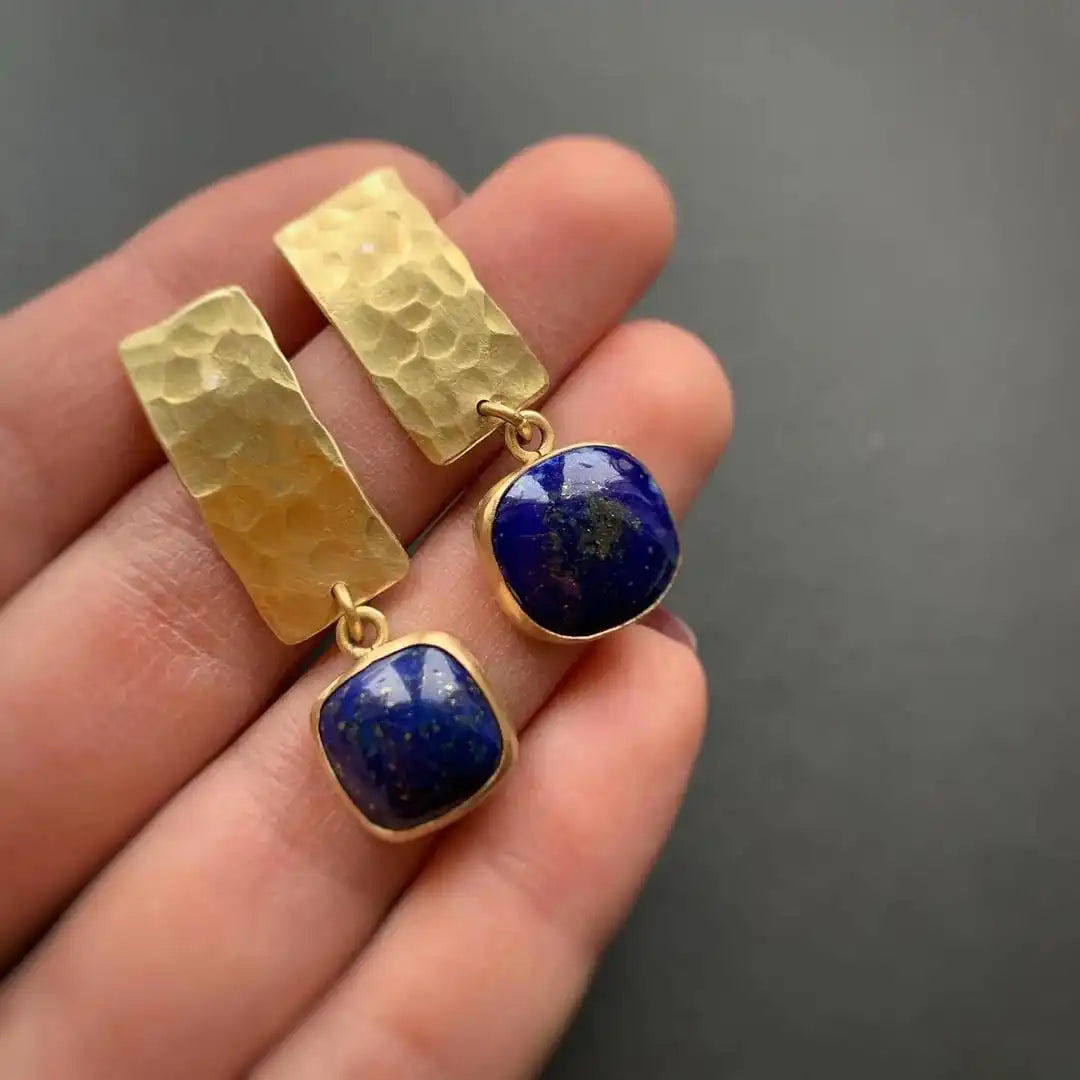 Lapis-Blue Ring and Earrings Set - Gold Tone, Adjustable Wrap Ring and Hammered Square Drops - 2 Pieces