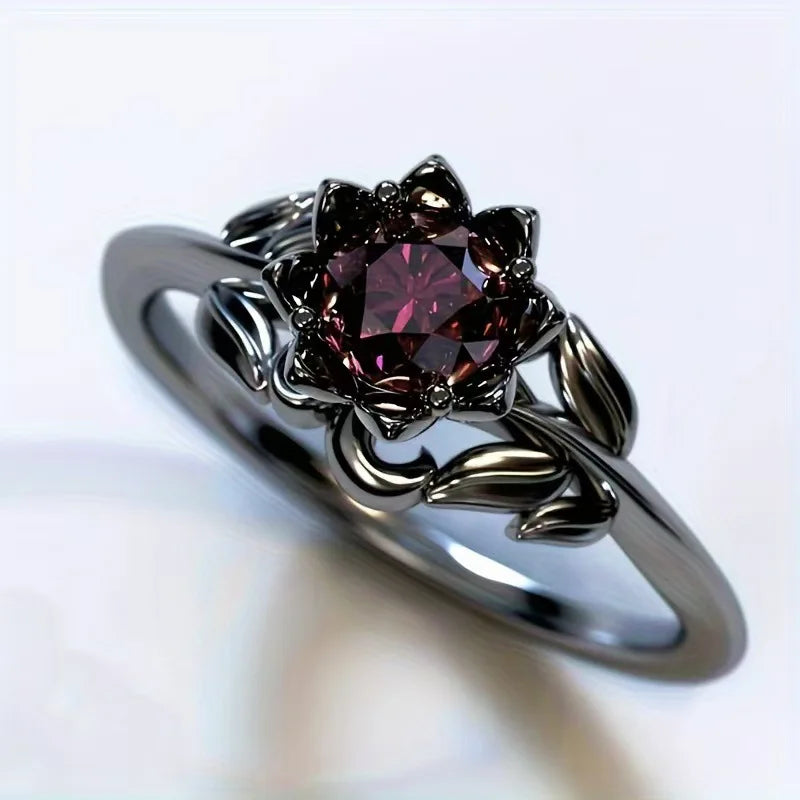 Cushion-Cut Purple Stone Flower Ring with Floral Silver-Tone Setting — main image