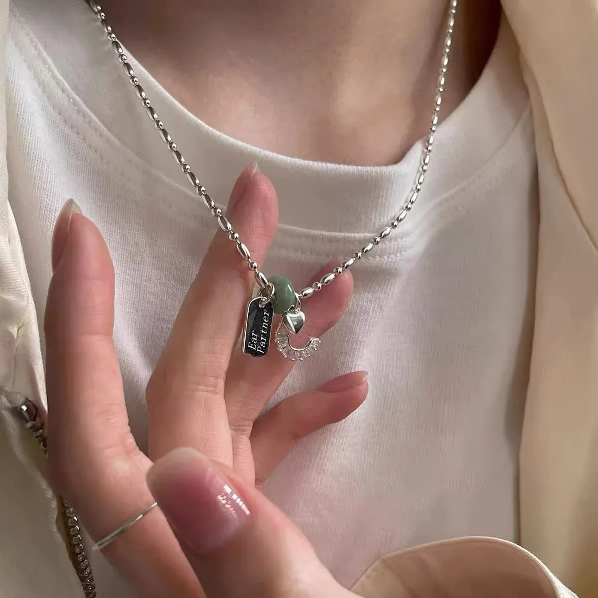 Heart Charm Zircon Pendant Necklace with Engraved Tag and Jade Bead Accent — view 2