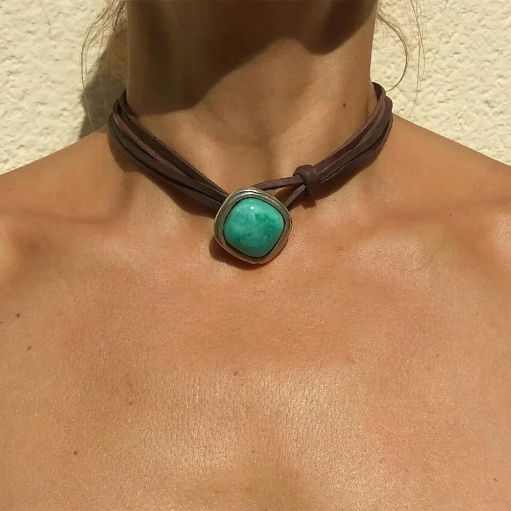 Turquoise Jewelry Set - Wave Ring, Leather Wrap Necklace and Silver-Tone Filigree Cuff - 3 Pieces
