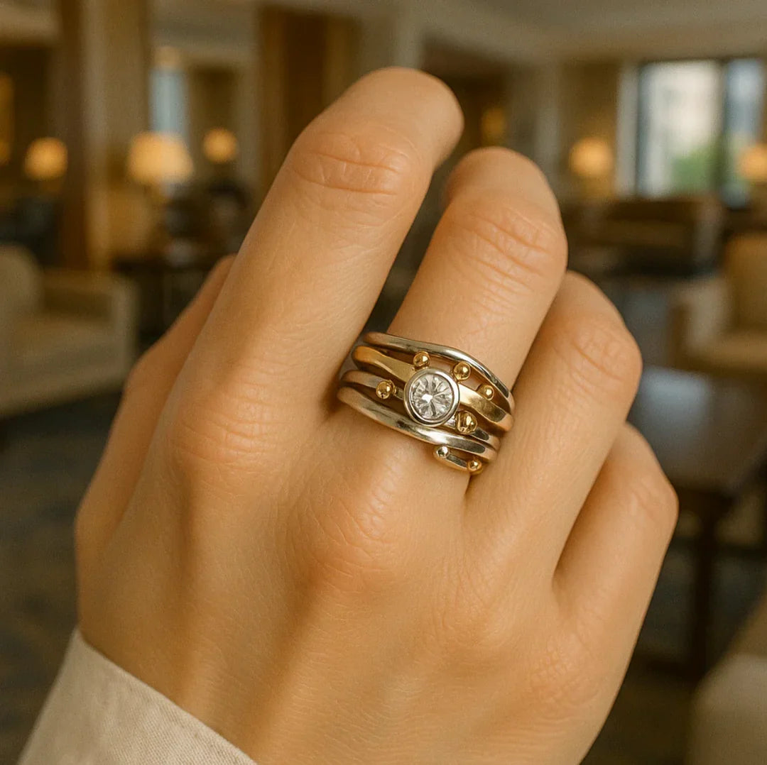 Vintage Cubic Zirconia Cocktail Ring, Multi-Band Wrap in Mixed Gold and Silver Tone — view 2