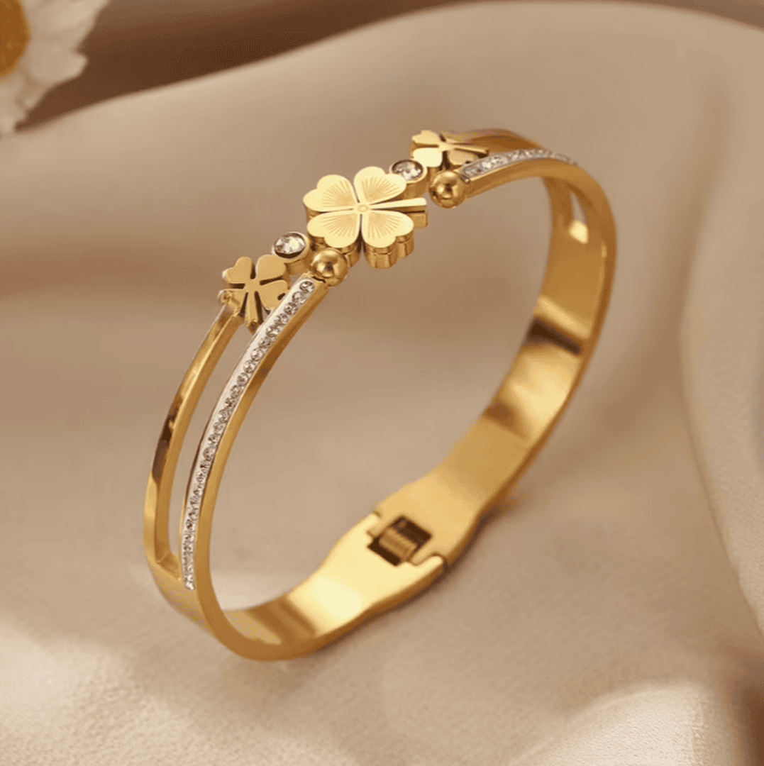 Four-Leaf Clover Bangle Bracelet with Rhinestone Accents and Hinged Clasp — view 2
