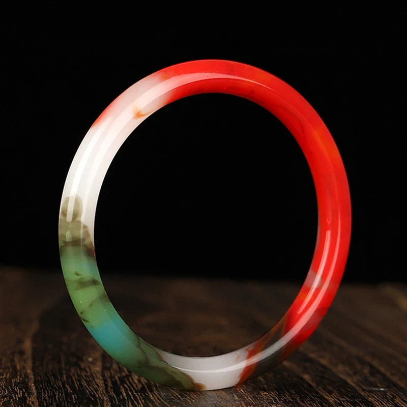 Multi-Color Jade Bangle Bracelet with Red, Green and Turquoise Segments — view 2