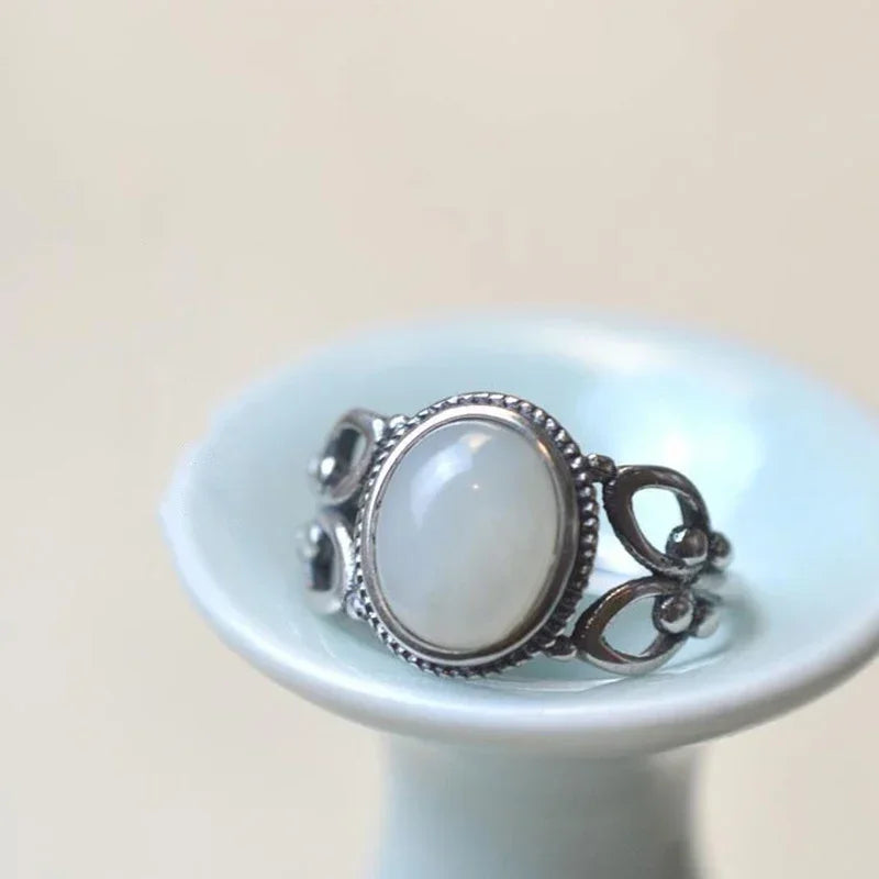 Oval Jade-Toned Stone Ring with Scrolled Silver-Tone Band, Adjustable — view 2
